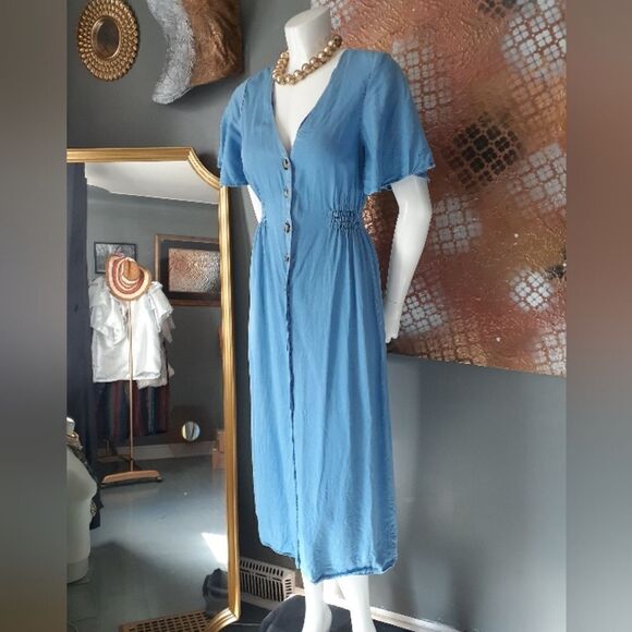 Zara Denim Voluminous Button Down Midi Dress - Picture 1 of 13